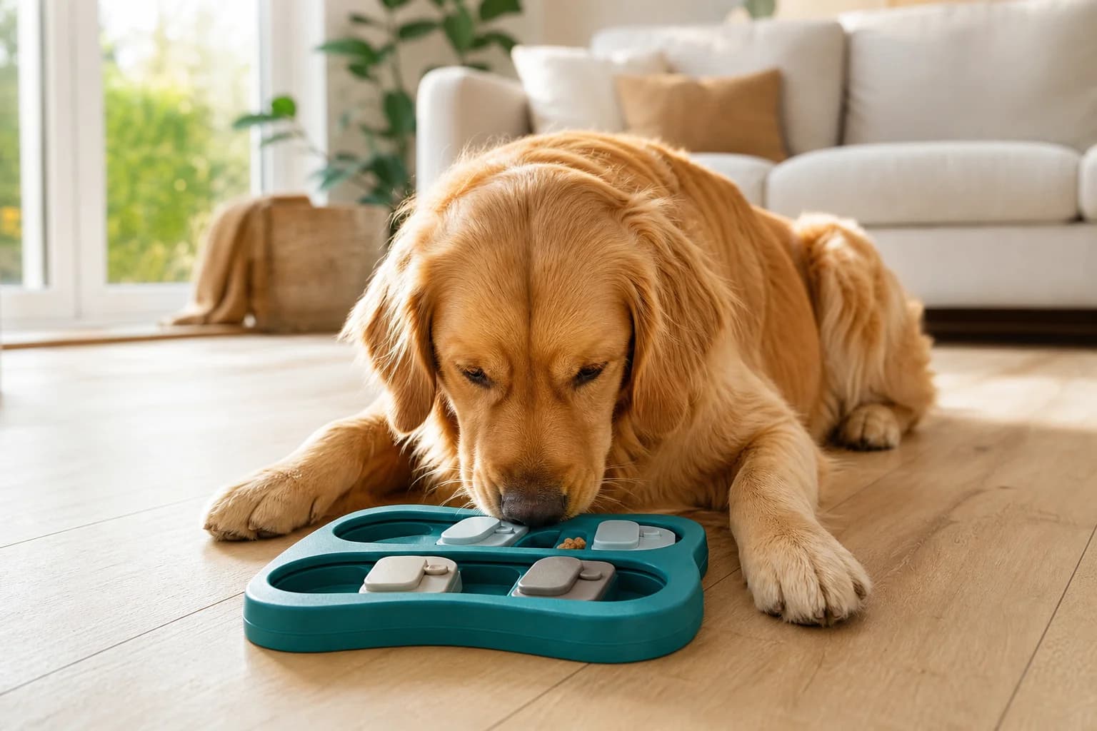 Happy dog working on a WagMind puzzle feeder at home
